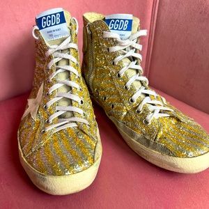 GOLDEN GOOSE fancy silver/yellow glitter Hi Top Sneakers - like new!
